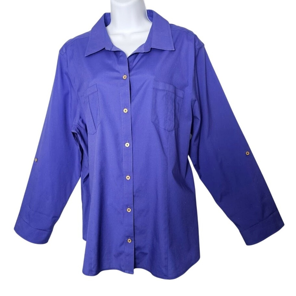 Chico's No-Iron Stretch Shirt Women 3.5 Royal Blue Roll Tab Button Down Cotton - Picture 14 of 14